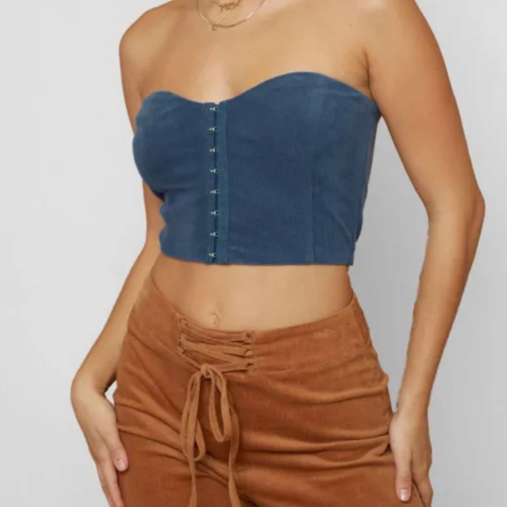 Little lie Vintage Style Blue Corduroy Bustier Crop Top with Hook Front Closure - Picture 4 of 12